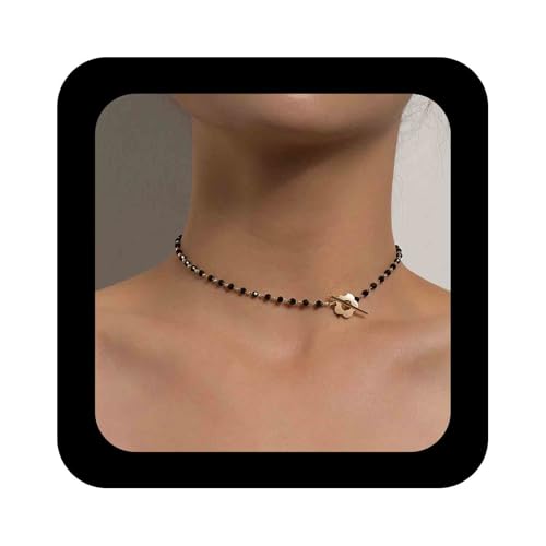 Enautoabs Vintage Onyx Perlenkette Kette Station Schwarze Perlenketten Minimalistische Perlen Toggle Verschluss Halskette Blume Gänseblümchen Perlen Halsketten Kette Schmuck Für Frauen von Enautoabs
