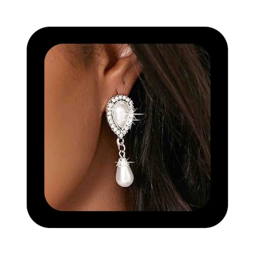 Enautoabs Vintage Perle Braut Hochzeit Tropfen Ohrringe Silber Träne Perle Kristall Ohrring Funkelnde Rhienstone Baumeln Ohrringe Prom Party Ohrring Schmuck Für Frauen von Enautoabs