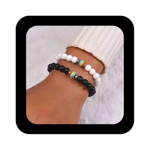 Enautoabs Vintage Perlenarmband Für Frauen Satz Von 2 Schwarz Weiß Perlen Kette Armband 8mm Perle Geflochtene Seil Armbänder Mit Regenbogen Perle Lavagestein Chakra Armbänder Handkette von Enautoabs