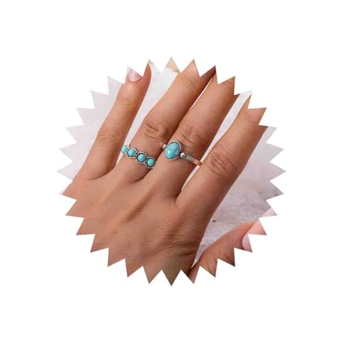 Enautoabs Vintage Silber Türkis Perle Türkis Ringe Blau Oval Türkis Fingerring Edelstein Knöchel Stapelbar Ring Set Schmuck Für Frauen 2pcs von Enautoabs