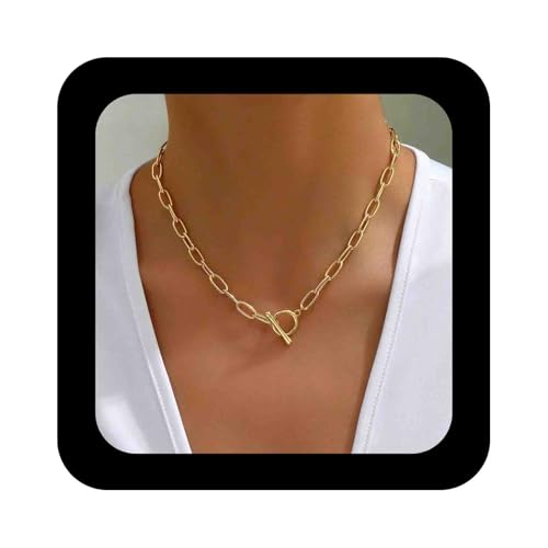Enautoabs minimalist plattierte klobige Goldkette Umschaltungsverschluss Halskette zierter Statement Paperclip Link Choker Halskette Schmuck für Frauen (Paperclip -Kette) von Enautoabs