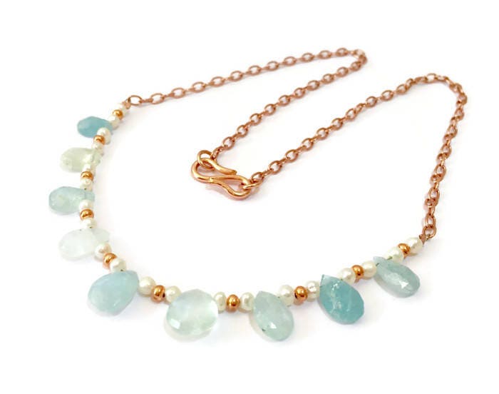 Aquamarin Halskette, Rose Gold Überzogene Kette, März Geburtsstein, Schmuck, Geschenk Für Sie, Lätzchen Halskette von EncarnaJewellery