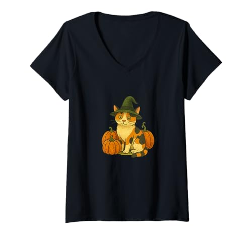 Damen Calico Cat Hexe Halloween-Kürbis-Patch Magic T-Shirt mit V-Ausschnitt von Enchanted Autumn Folks