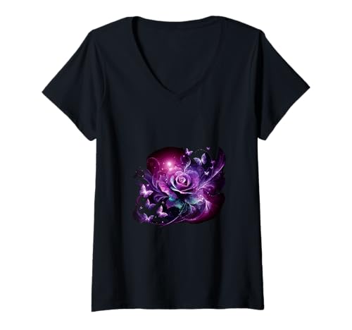 Damen Kosmische lila Rose mit magischen Schmetterlingen T-Shirt mit V-Ausschnitt von Enchanted Bloom Art