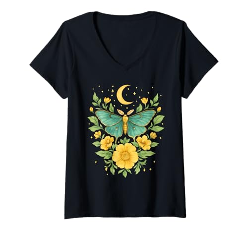 Damen Cottagecore Goblincore Moonphases Gelb Blumen Schmetterling T-Shirt mit V-Ausschnitt Damen Cottagecore Goblincore Moonphases Gelb Blumen Schmetterling T-Shirt mit V-Ausschnitt von Enchanted Cottagecore Goblincore Fairycore