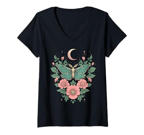 Damen Cottagecore Goblincore Moonphases Schmetterlingsmotte mit rosa Blumen T-Shirt mit V-Ausschnitt Damen Cottagecore Goblincore Moonphases Schmetterlingsmotte mit rosa Blumen T-Shirt mit V-Ausschnitt von Enchanted Cottagecore Goblincore Fairycore