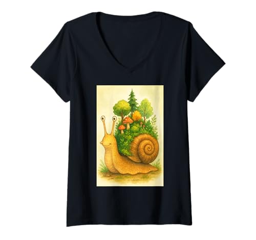 Damen Süße Schnecke mit Wald auf Muschel T-Shirt mit V-Ausschnitt Damen Süße Schnecke mit Wald auf Muschel T-Shirt mit V-Ausschnitt von Enchanted Groves