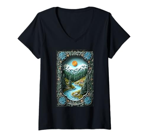 Damen Mountain River Friedliche Wildnis Natur Wald T-Shirt mit V-Ausschnitt Damen Mountain River Friedliche Wildnis Natur Wald T-Shirt mit V-Ausschnitt von Enchanted Mountain Dream Alpine Waterways