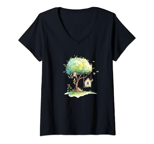 Damen Baumhaus mit Eule, Vögeln und Schmetterlingen Natur Design T-Shirt mit V-Ausschnitt Damen Baumhaus mit Eule, Vögeln und Schmetterlingen Natur Design T-Shirt mit V-Ausschnitt von Enchanted Nature Art Apparel