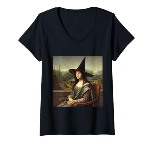 Damen Mona Lisa inspirierte Hexe Portrait Halloween Classic Hut Kunst T-Shirt mit V-Ausschnitt Damen Mona Lisa inspirierte Hexe Portrait Halloween Classic Hut Kunst T-Shirt mit V-Ausschnitt von Enchanted Portraits Co