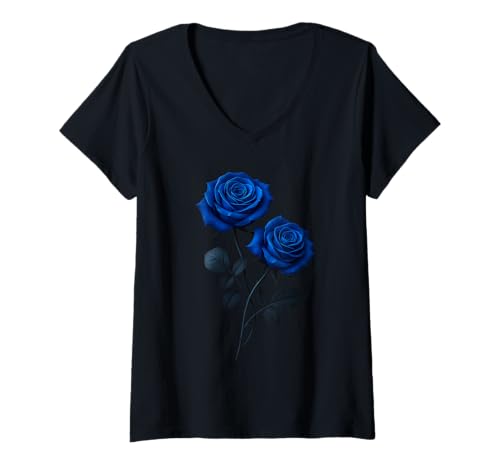 Damen Blaue Rosen Blumenpaar Gothic Fantasy Floral Ästhetische Kunst T-Shirt mit V-Ausschnitt von Enchanted Rose Petalwear