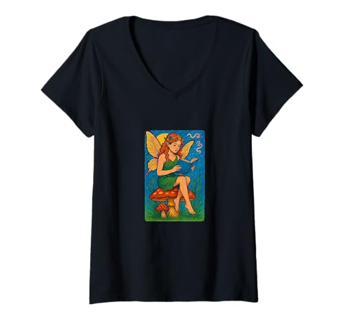 Damen Skurrile Lese-Fee sitzend mit Pilz-Fantasie T-Shirt mit V-Ausschnitt Damen Skurrile Lese-Fee sitzend mit Pilz-Fantasie T-Shirt mit V-Ausschnitt von Enchanted Storytime Toadstool Emporium
