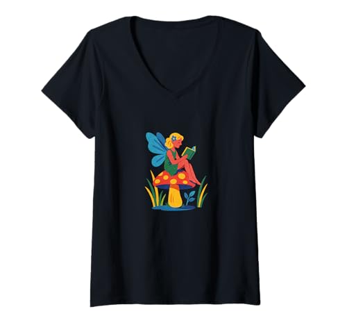 Damen Skurrile Lese-Fee sitzend mit Pilz-Fantasie T-Shirt mit V-Ausschnitt Damen Skurrile Lese-Fee sitzend mit Pilz-Fantasie T-Shirt mit V-Ausschnitt von Enchanted Storytime Toadstool Emporiums