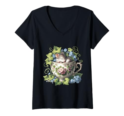 Damen Skurrile Maus in floraler Teetasse Illustration T-Shirt mit V-Ausschnitt Damen Skurrile Maus in floraler Teetasse Illustration T-Shirt mit V-Ausschnitt von Enchanted Whimsy Apparel Home And More Company
