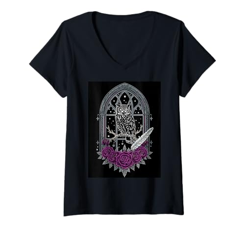 Damen Eule sitzende Rosen Fenster Nacht Mystische Feder T-Shirt mit V-Ausschnitt Damen Eule sitzende Rosen Fenster Nacht Mystische Feder T-Shirt mit V-Ausschnitt von Enchanted Wise Owl Floral Moonlight Gothic