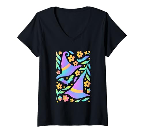 Damen Halloween Hexenhut Fledermaus Blumenmuster Magie T-Shirt mit V-Ausschnitt Damen Halloween Hexenhut Fledermaus Blumenmuster Magie T-Shirt mit V-Ausschnitt von Enchanted Witchy Halloween Vibes