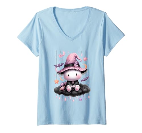 Damen Entzückende Hexe sitzt auf Wolke, umgeben von Sternen und Fledermäusen T-Shirt mit V-Ausschnitt Damen Entzückende Hexe sitzt auf Wolke, umgeben von Sternen und Fledermäusen T-Shirt mit V-Ausschnitt von Enchanting Cute Halloween Witch Bats Stars Candy