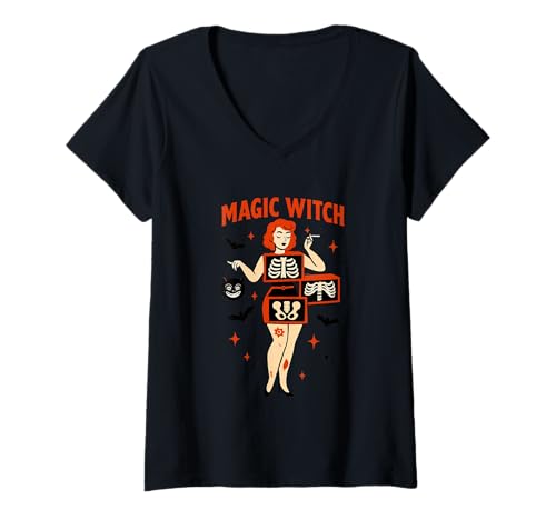 Damen Retro-Halloween-Anhänger mit Zauberhexe T-Shirt mit V-Ausschnitt Damen Retro-Halloween-Anhänger mit Zauberhexe T-Shirt mit V-Ausschnitt von Enchanting Sorcery Halloween Style