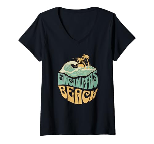 Damen Encinitas T-Shirt mit V-Ausschnitt von Encinitas Beach California Surfing Surf Ocean USA