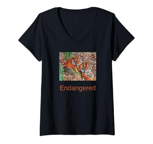 Damen Tigerhemd vom Aussterben bedrohter Sumatra-Tiger T-Shirt mit V-Ausschnitt Damen Tigerhemd vom Aussterben bedrohter Sumatra-Tiger T-Shirt mit V-Ausschnitt von Endangered Animal Species Apparel Company