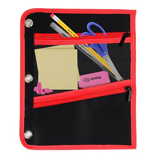 Enday Großes Federmäppchen für 3-Ringbuch, flache Bleistifttasche mit 3 Fächern, Reißverschluss-Bleistifttaschen für Schule, Zuhause und Büro, Rot von Enday