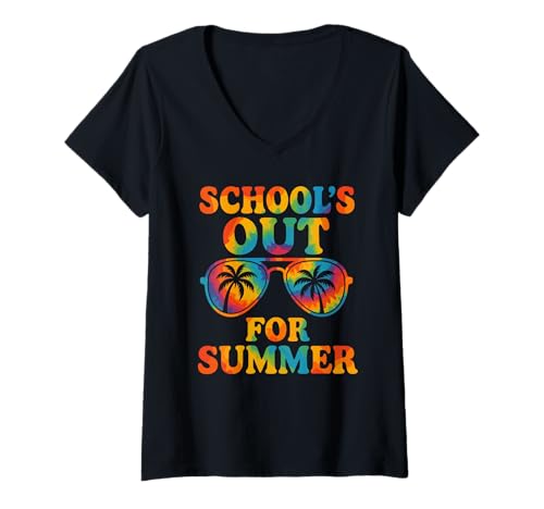 Damen Schools Out for Summer Palm Tree Sonnenbrille Ferien T-Shirt mit V-Ausschnitt Damen Schools Out for Summer Palm Tree Sonnenbrille Ferien T-Shirt mit V-Ausschnitt von Ende Schuljahr Regenbogen Tie Dye Student Lehrer