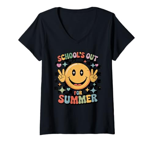 Damen School's Out for Summer Retro Schulferien Abschluss T-Shirt mit V-Ausschnitt von Ende Schuljahr Schüler Lehrer Sommerferien