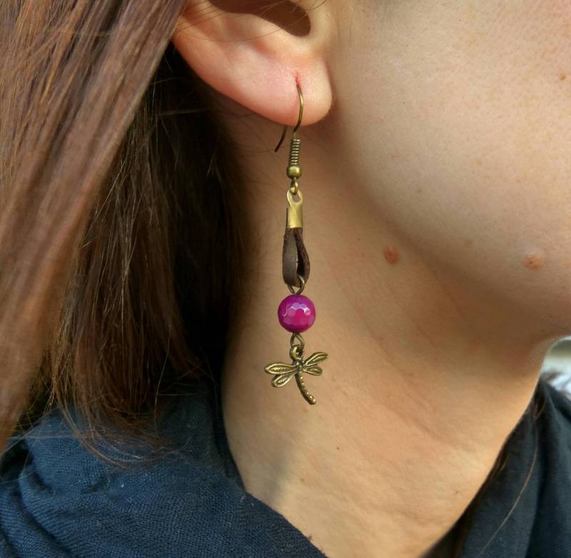 Libelle Ohrringe, Leder Stein Lila Frauen Baumeln Mädchen Ohrringe von EndiaDesign