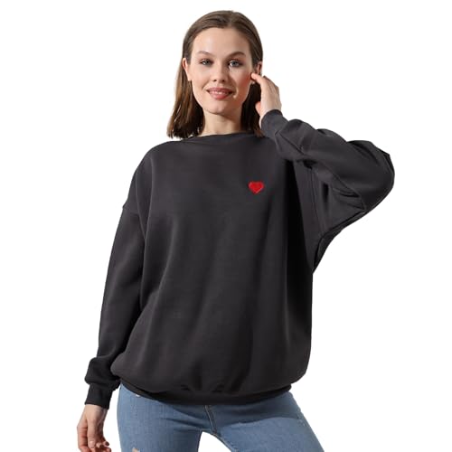 Endies Damen Sweatshirt 3-lagig Fleece Gefüttert Rundhals Oversized Pullover mit Gesticktem Herz Weich Warm Relaxed Fit Premium Baumwolle Freizeitkleidung für Frauen, anthrazit, M von Endies