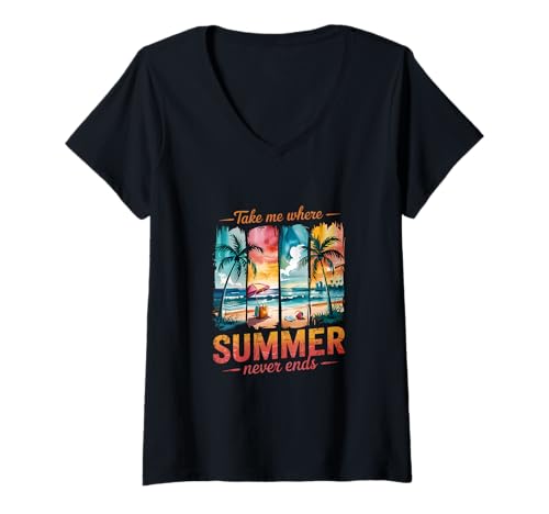 Damen Bring Mich dorthin, wo der Sommer Niemals endet, Retro-Strand T-Shirt mit V-Ausschnitt Damen Bring Mich dorthin, wo der Sommer Niemals endet, Retro-Strand T-Shirt mit V-Ausschnitt von Endless Tropics Apparel