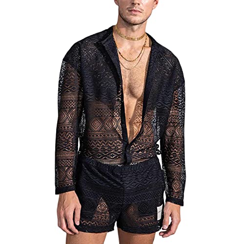 EndoraDore Herren 2 Stück Shirt Sets Sexy Spitze Durchsichtig Langarm Casual Button Down Shirts und Shorts Trainingsanzug, Schwarz, Large EndoraDore Herren 2 Stück Shirt Sets Sexy Spitze Durchsichtig Langarm Casual Button Down Shirts und Shorts Trainingsanzug, Schwarz, Large von EndoraDore