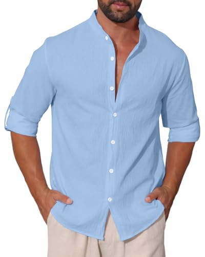 EndoraDore Herren Langarm Hemd Leinenhemd Freizeithemd Stehkragen Regular Fit Standhemd Blau 2XL von EndoraDore