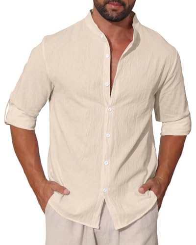 EndoraDore Herren Langarm Hemd Leinenhemd Freizeithemd Stehkragen Regular Fit Standhemd Khaki M von EndoraDore