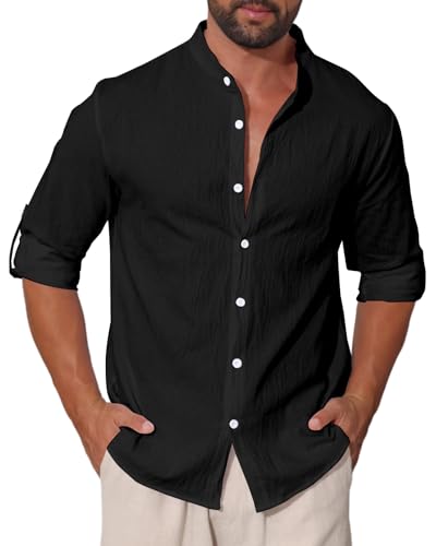 EndoraDore Herren Langarm Hemd Leinenhemd Freizeithemd Stehkragen Regular Fit Standhemd Schwarz L von EndoraDore