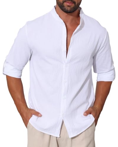 EndoraDore Herren Langarm Hemd Leinenhemd Freizeithemd Stehkragen Regular Fit Standhemd Weiß XL von EndoraDore