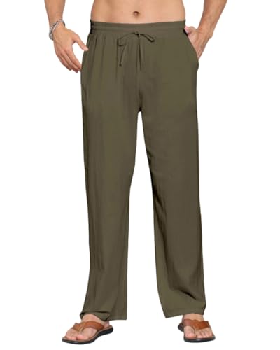 EndoraDore Herren Leinenhose Freizeit Sommer Strandhose Einfarbig Lockere Passform Gerades Bein Baumwollehosen Armeegrün L von EndoraDore