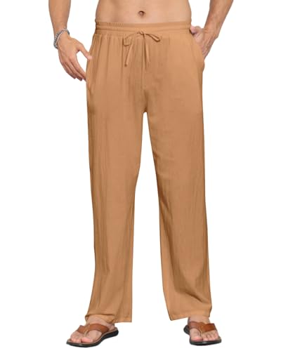 EndoraDore Herren Leinenhose Freizeit Sommer Strandhose Einfarbig Lockere Passform Gerades Bein Baumwollehosen Braun L von EndoraDore