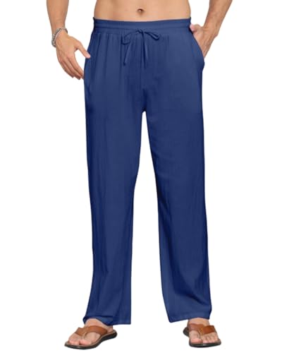 EndoraDore Herren Leinenhose Freizeit Sommer Strandhose Einfarbig Lockere Passform Gerades Bein Baumwollehosen Marineblau L von EndoraDore