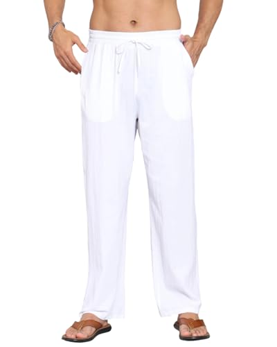 EndoraDore Herren Leinenhose Freizeit Sommer Strandhose Einfarbig Lockere Passform Gerades Bein Baumwollehosen Weiß 2XL von EndoraDore