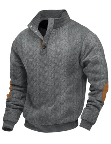 EndoraDore Herren Sweatshirts Casual Jacquard Pullover Langarm mit Knopfleiste und Stehkragen Freizeitpullover Dunkelgrau 3XL von EndoraDore
