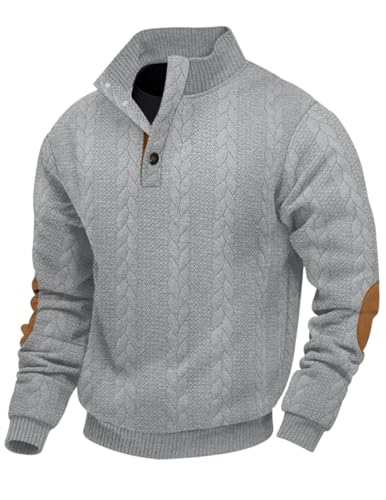 EndoraDore Herren Sweatshirts Casual Jacquard Pullover Langarm mit Knopfleiste und Stehkragen Freizeitpullover Grau M von EndoraDore