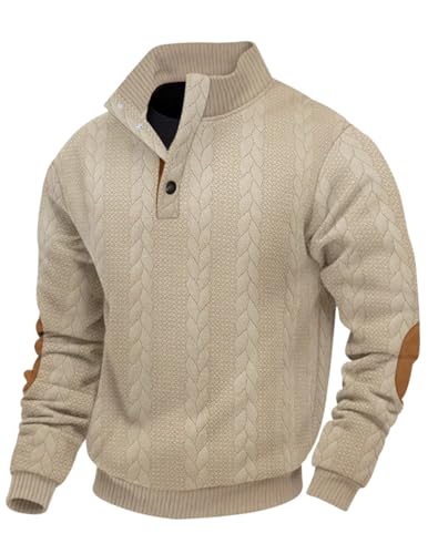 EndoraDore Herren Sweatshirts Casual Jacquard Pullover Langarm mit Knopfleiste und Stehkragen Freizeitpullover Khaki XL von EndoraDore