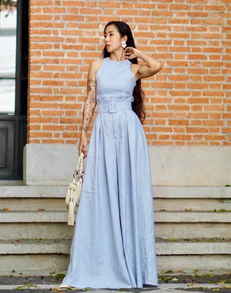 Damen Blue Sky Leinen Elegantes Set/High Waisted Super Wide Bein Hose Mit Crop Top Und Gürtel von Endorphyn