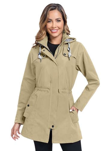 EnduaReve Regenjacke Damen Lang Wasserdicht Atmungsaktiv Regenmantel Übergangsjacke Kapuze Outdoor Jacke Khaki XXL von EnduaReve