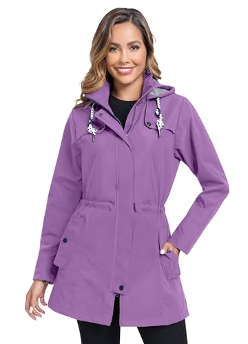 EnduaReve Regenjacke Damen Lang Wasserdicht Atmungsaktiv Regenmantel Übergangsjacke Kapuze Outdoor Jacke Lila M von EnduaReve