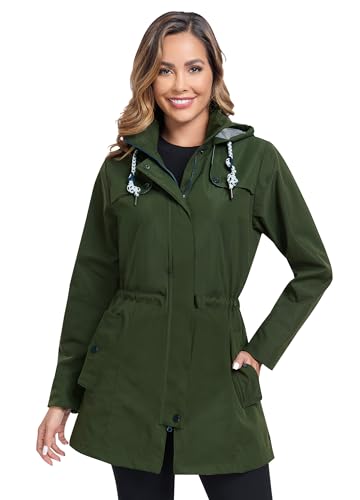EnduaReve Regenjacke Damen Lang Wasserdicht Atmungsaktiv Regenmantel Übergangsjacke Kapuze Outdoor Jacke Armeegrün M von EnduaReve