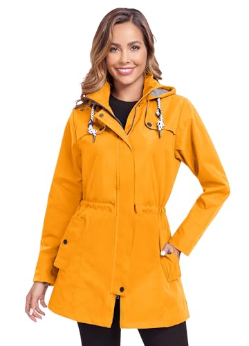 EnduaReve Regenjacke Damen Lang Wasserdicht Atmungsaktiv Regenmantel Übergangsjacke Kapuze Outdoor Jacke Gelb S von EnduaReve