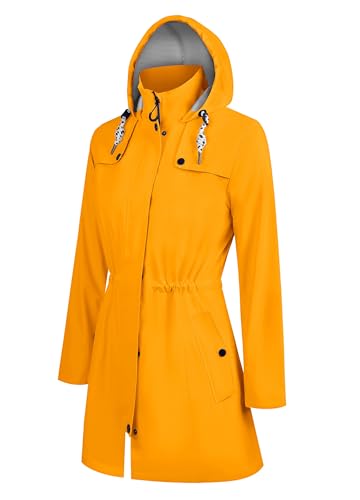 EnduaReve Regenjacke Damen Lang Wasserdicht Regenmantel Leichte Übergangsjacke Gefütterte Trenchcoat Kapuze Outdoor Jacke Gelb XL von EnduaReve