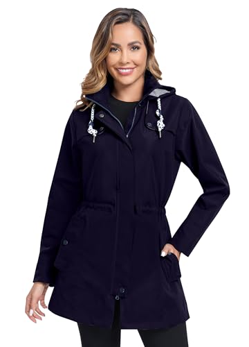EnduaReve Regenjacke Damen Lang Wasserdicht Atmungsaktiv Regenmantel Übergangsjacke Kapuze Outdoor Jacke Navy Blau L von EnduaReve