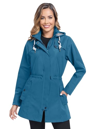 EnduaReve Regenjacke Damen Lang Wasserdicht Regenmantel Leichte Übergangsjacke Gefütterte Trenchcoat Kapuze Outdoor Jacke Petrolblau 3XL von EnduaReve